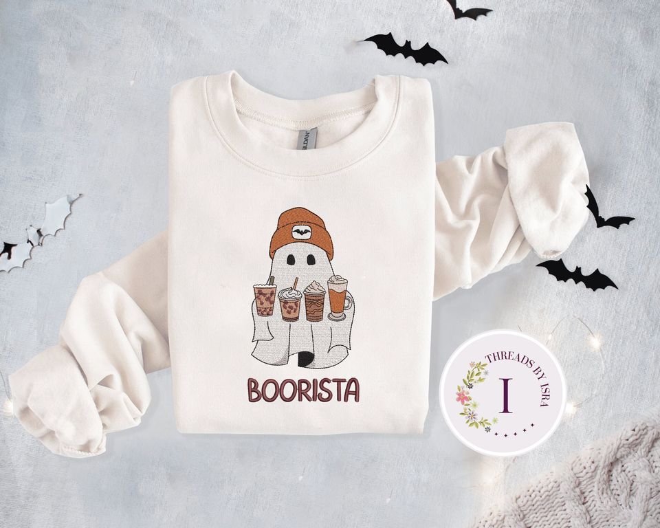 Embroidered Ghost Iced Coffee, Halloween Pullover, Coffee Lovers Gift Crewneck