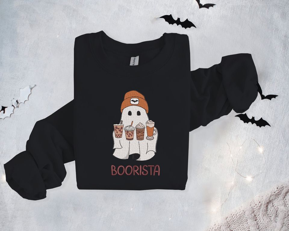 Embroidered Ghost Iced Coffee, Halloween Pullover, Coffee Lovers Gift Crewneck