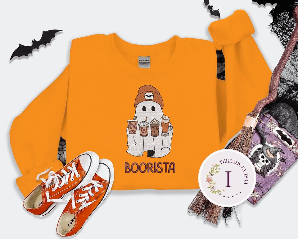 Embroidered Ghost Iced Coffee, Halloween Pullover, Coffee Lovers Gift Crewneck