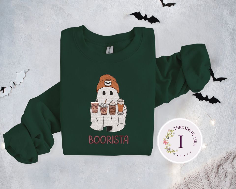 Embroidered Ghost Iced Coffee, Halloween Pullover, Coffee Lovers Gift Crewneck