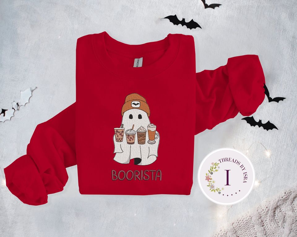 Embroidered Ghost Iced Coffee, Halloween Pullover, Coffee Lovers Gift Crewneck