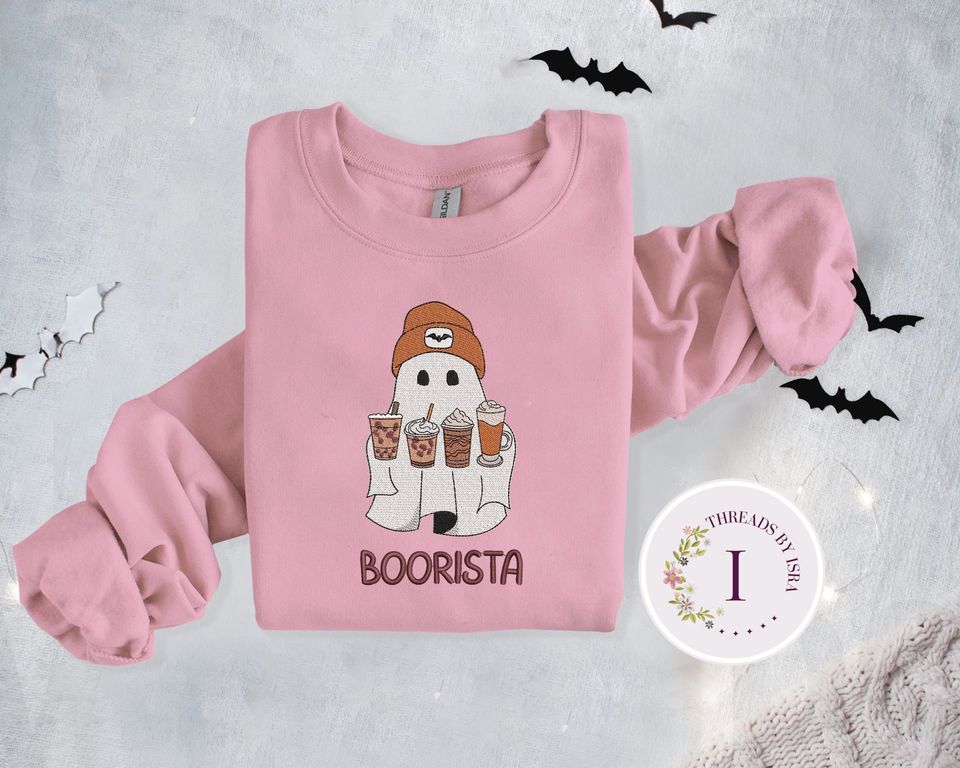 Embroidered Ghost Iced Coffee, Halloween Pullover, Coffee Lovers Gift Crewneck
