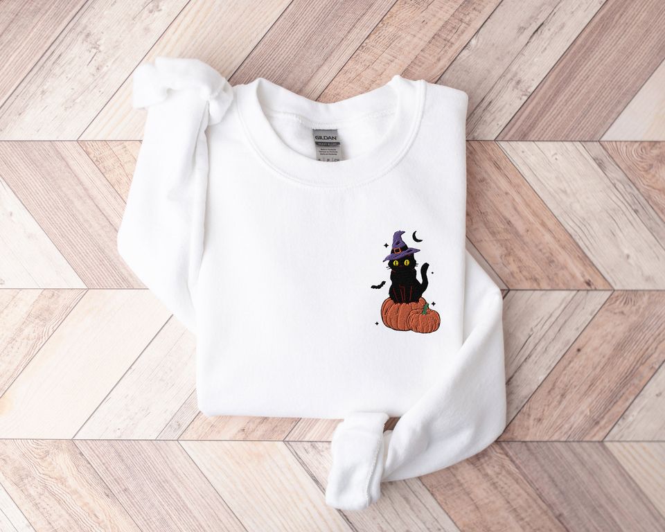 Black Cat Pumpkin Sweatshirt, Halloween Embroidered Sweatshirt,