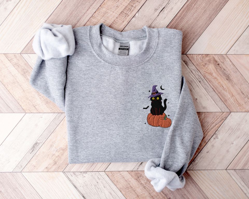 Black Cat Pumpkin Sweatshirt, Halloween Embroidered Sweatshirt,