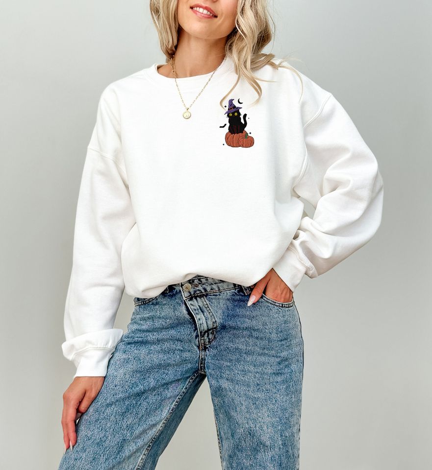 Black Cat Pumpkin Sweatshirt, Halloween Embroidered Sweatshirt,