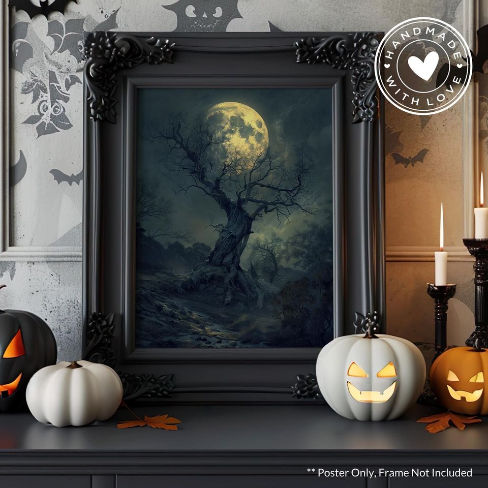 Creepy Moonlit Forest Halloween Poster, Spooky Halloween Home Decor
