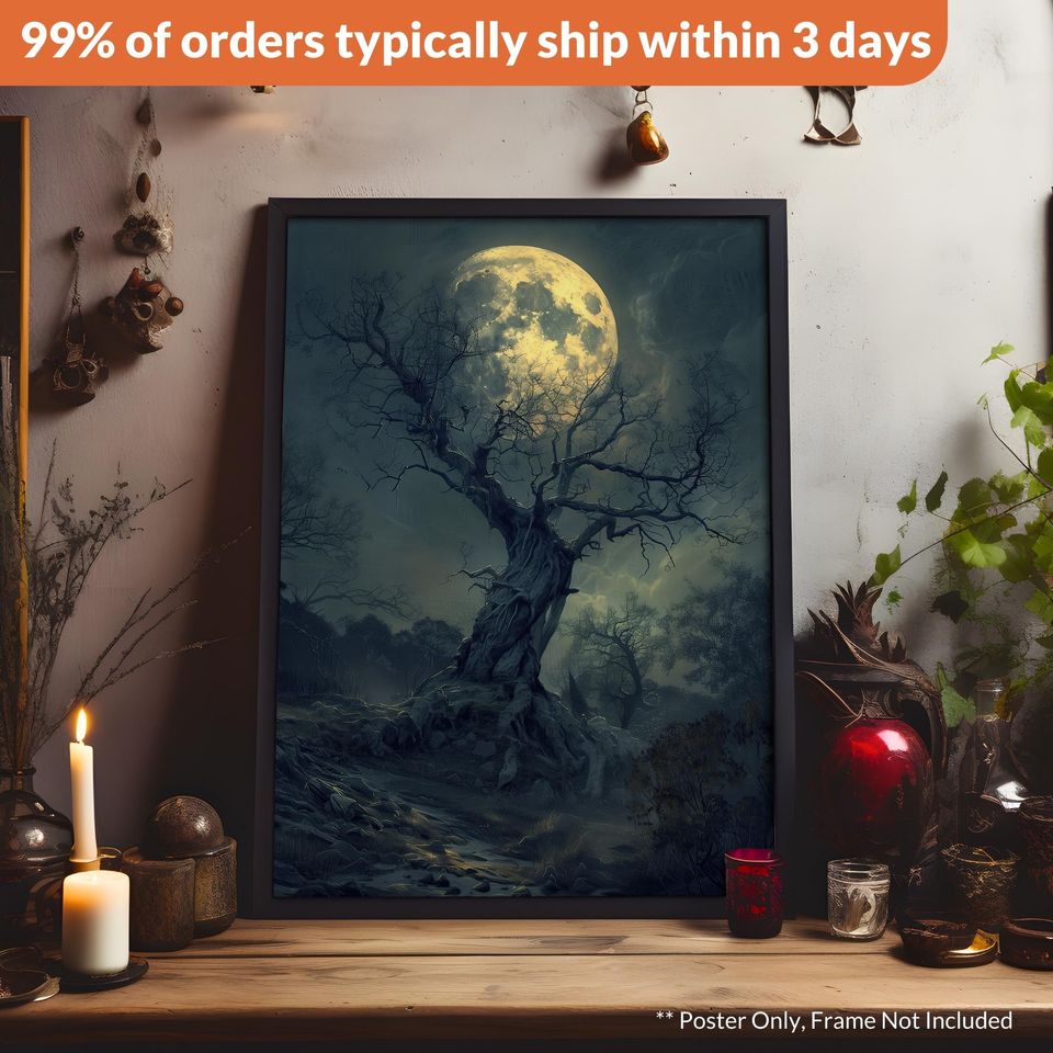 Creepy Moonlit Forest Halloween Poster, Spooky Halloween Home Decor
