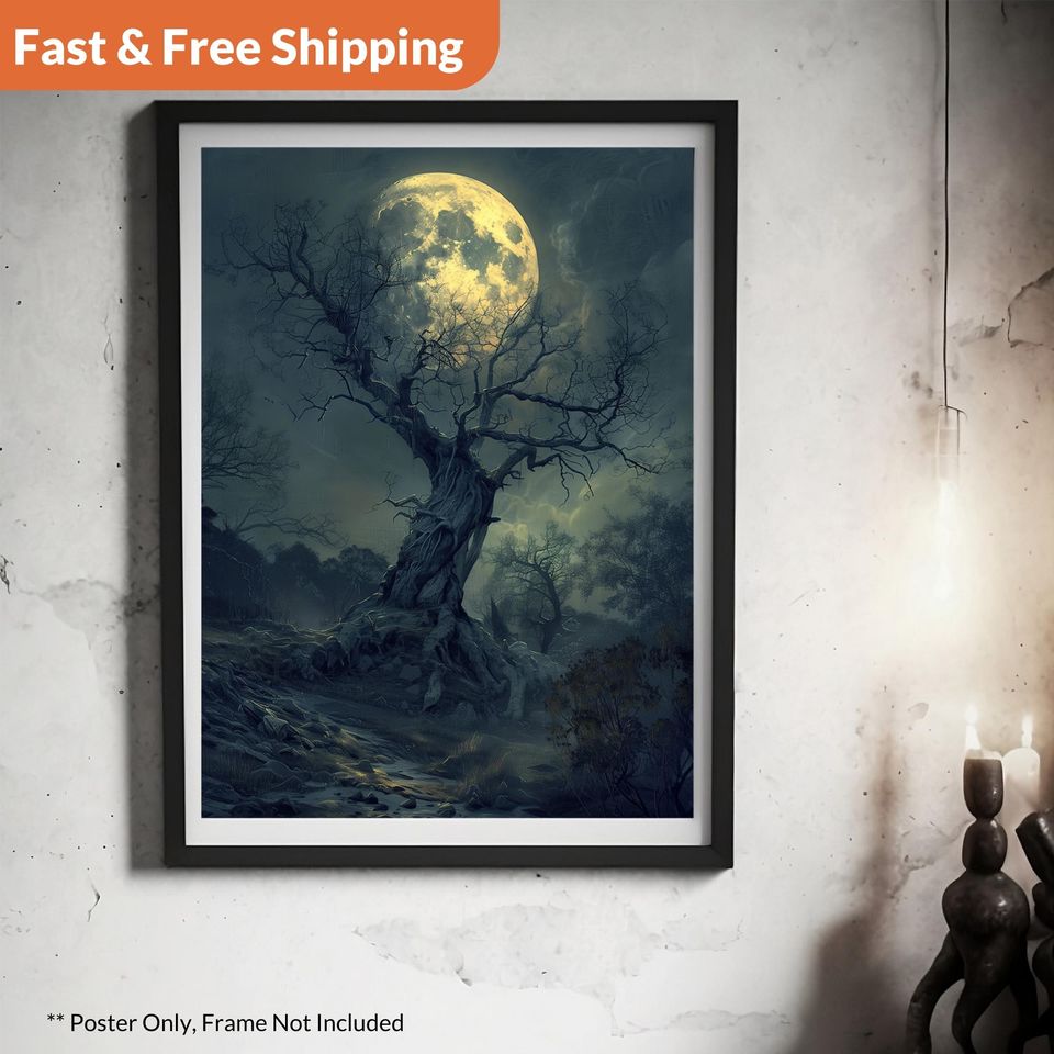 Creepy Moonlit Forest Halloween Poster, Spooky Halloween Home Decor