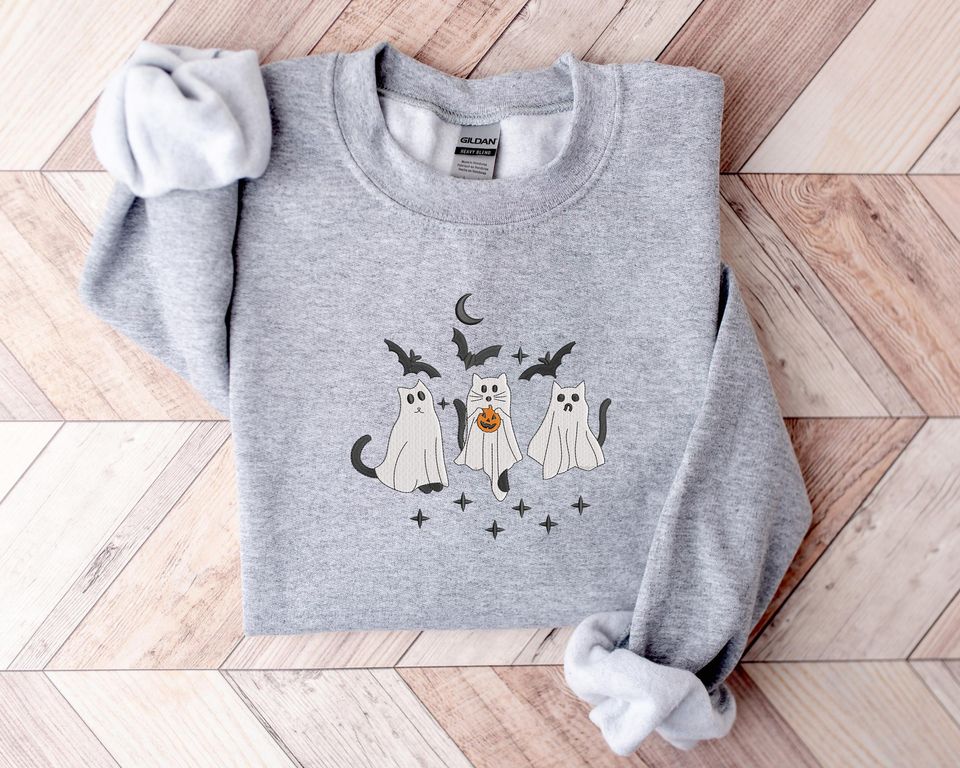 Ghost Cats Sweater, Embroidered Cute Halloween Kittens Sweatshirt