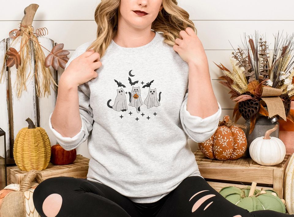 Ghost Cats Sweater, Embroidered Cute Halloween Kittens Sweatshirt