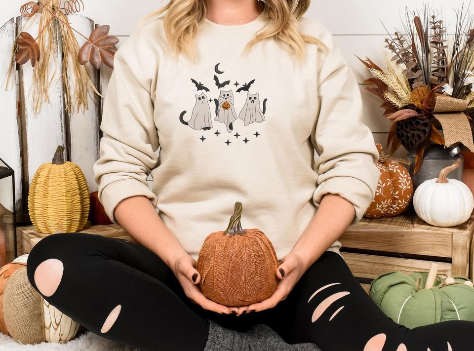 Ghost Cats Sweater, Embroidered Cute Halloween Kittens Sweatshirt