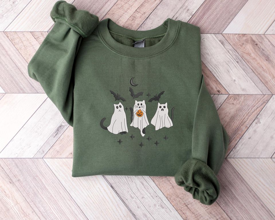 Ghost Cats Sweater, Embroidered Cute Halloween Kittens Sweatshirt