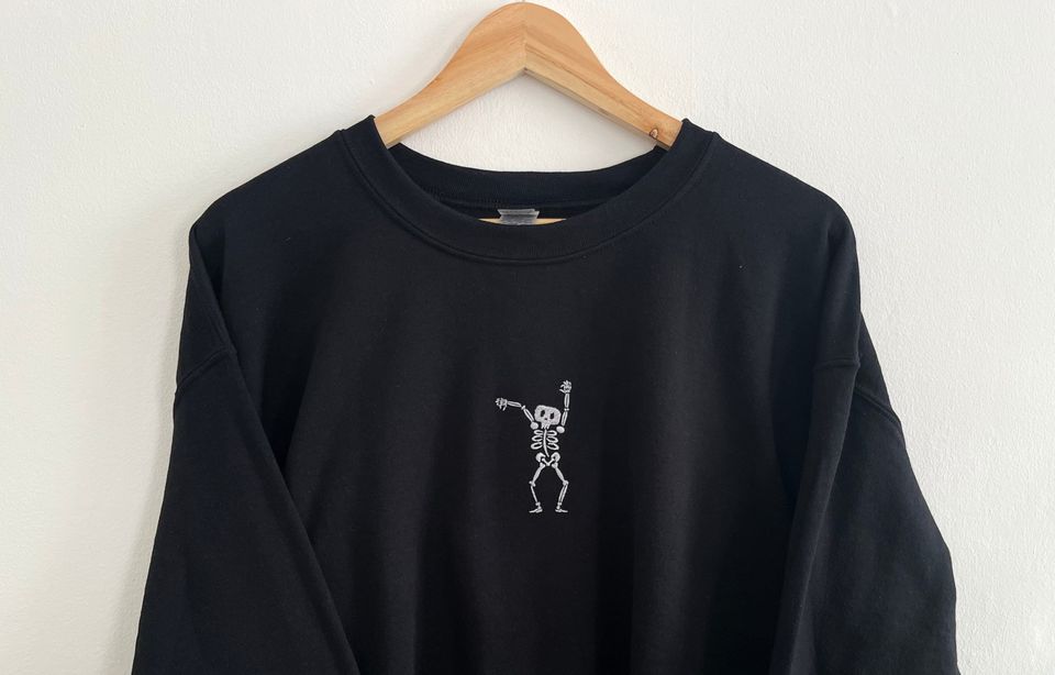 Dancing skeleton black embroidered Halloween sweatshirt spooky season