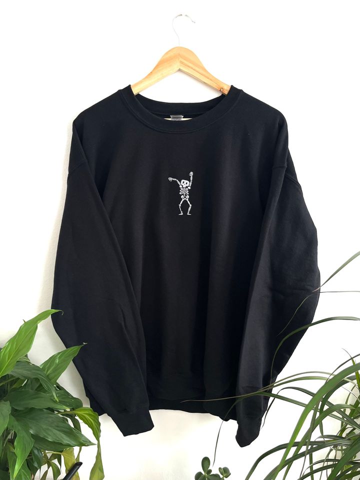 Dancing skeleton black embroidered Halloween sweatshirt spooky season