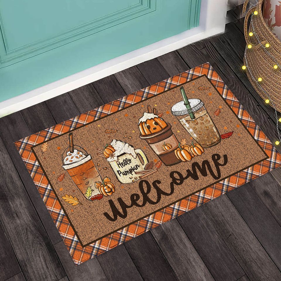 Fall Coffee Doormat, Fall Doormat, Halloween Pumpkin Spice Orange Plaid Rug, Halloween Doormat, Fall Welcome Mat, Fall Decor, Hello Pumpkin