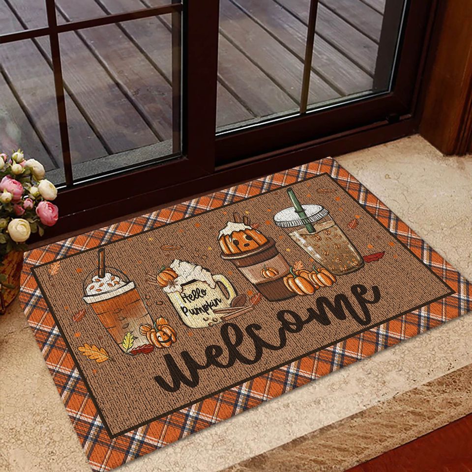 Fall Coffee Doormat, Fall Doormat, Halloween Pumpkin Spice Orange Plaid Rug, Halloween Doormat, Fall Welcome Mat, Fall Decor, Hello Pumpkin