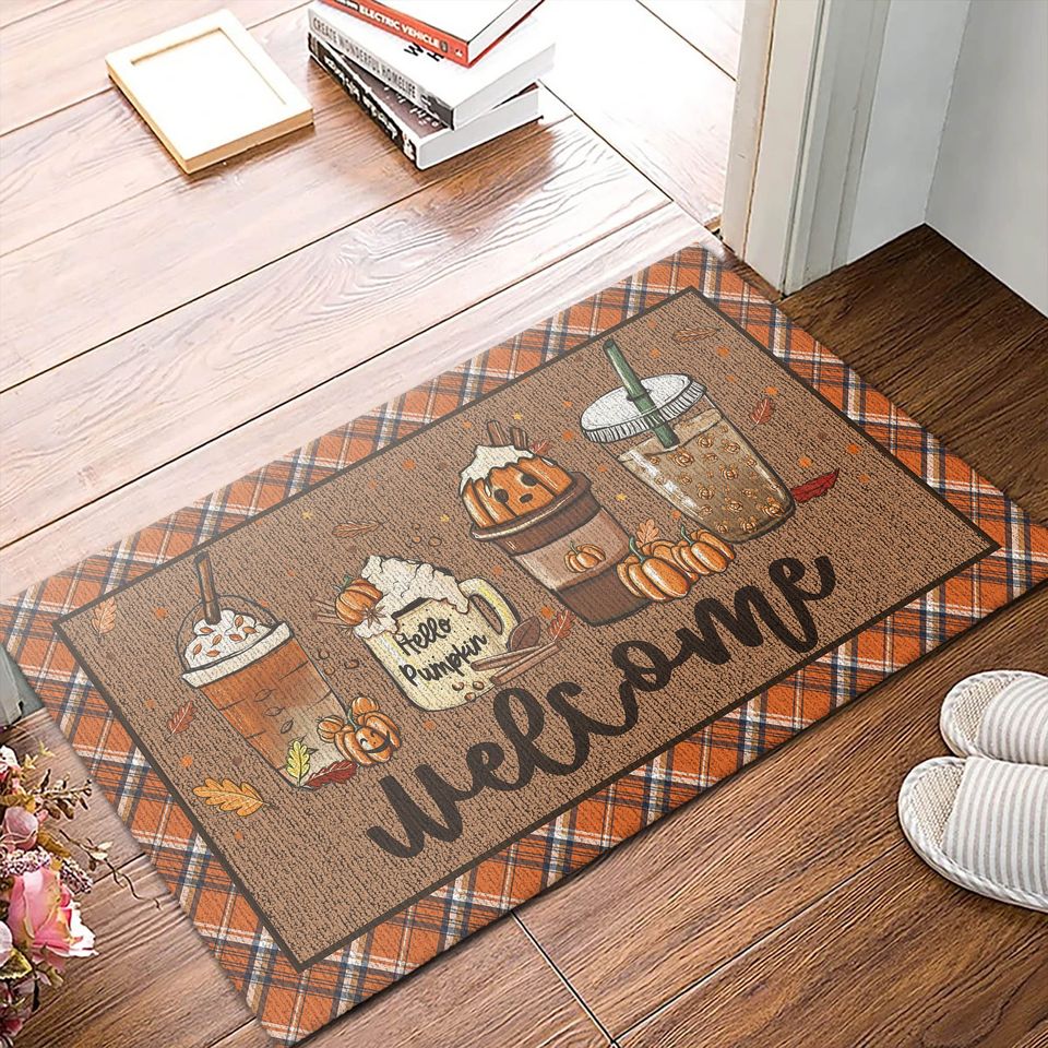 Fall Coffee Doormat, Fall Doormat, Halloween Pumpkin Spice Orange Plaid Rug, Halloween Doormat, Fall Welcome Mat, Fall Decor, Hello Pumpkin
