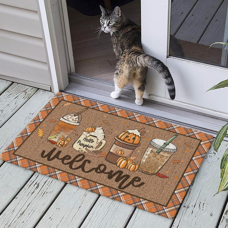 Fall Coffee Doormat, Fall Doormat, Halloween Pumpkin Spice Orange Plaid Rug, Halloween Doormat, Fall Welcome Mat, Fall Decor, Hello Pumpkin