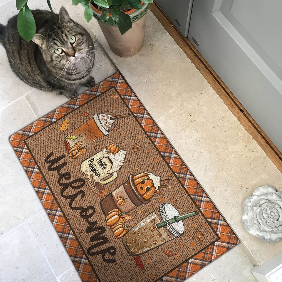 Fall Coffee Doormat, Fall Doormat, Halloween Pumpkin Spice Orange Plaid Rug, Halloween Doormat, Fall Welcome Mat, Fall Decor, Hello Pumpkin