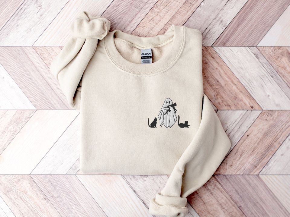 Embroidered Ghost Sweatshirt, Halloween Sweatshirt, Black Cat