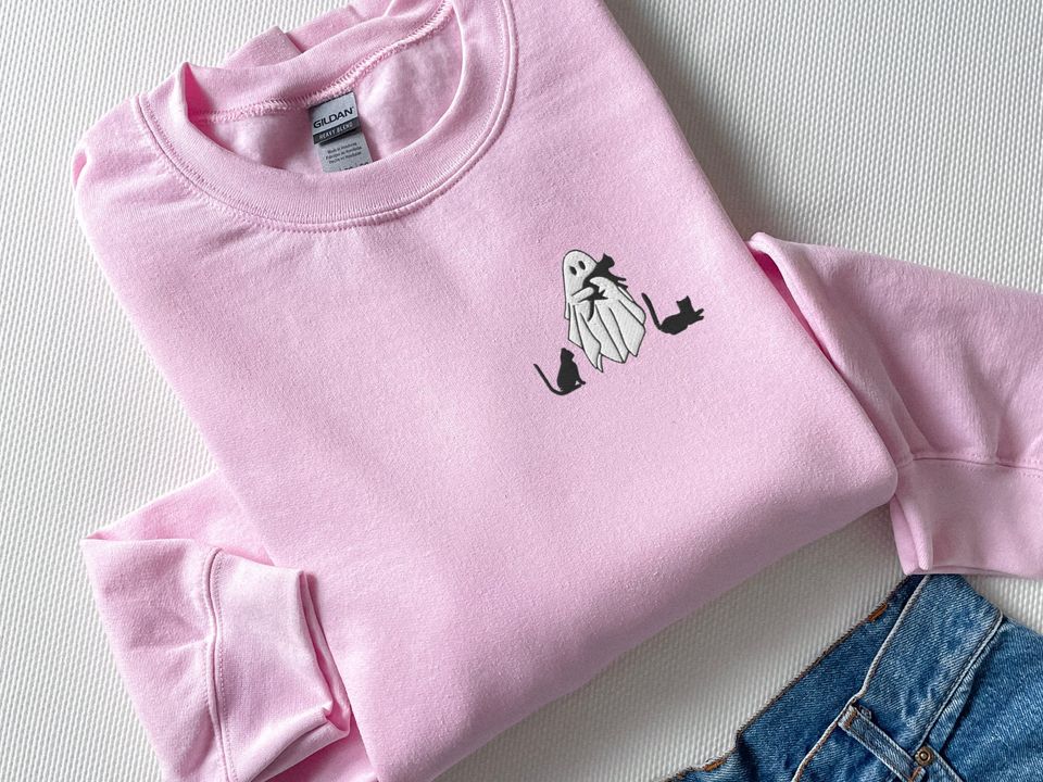 Embroidered Ghost Sweatshirt, Halloween Sweatshirt, Black Cat