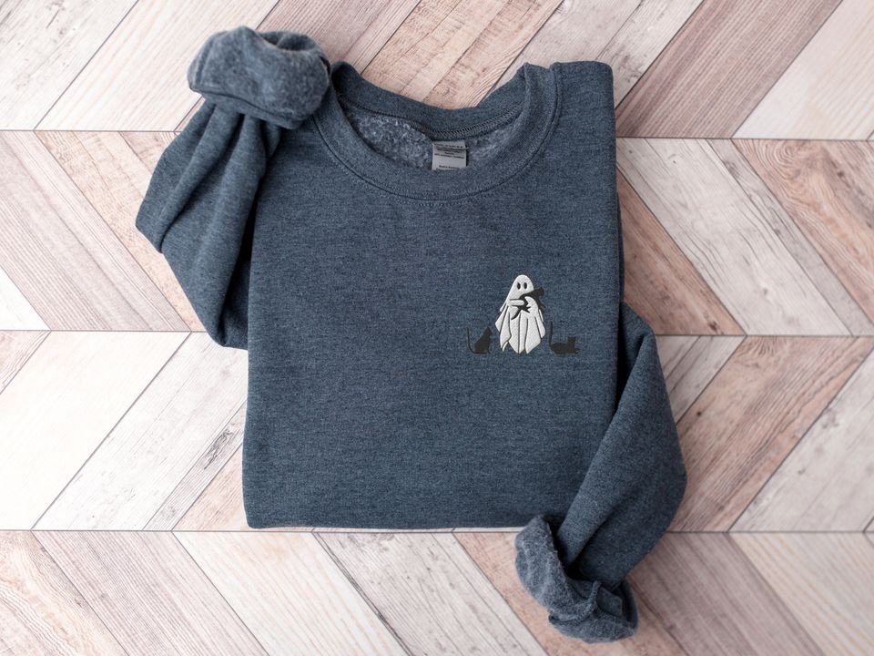 Embroidered Ghost Sweatshirt, Halloween Sweatshirt, Black Cat