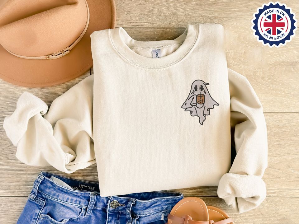Halloween Ghost with Coffee Sweatshirt, Cute Ghost Embroidered Sweater