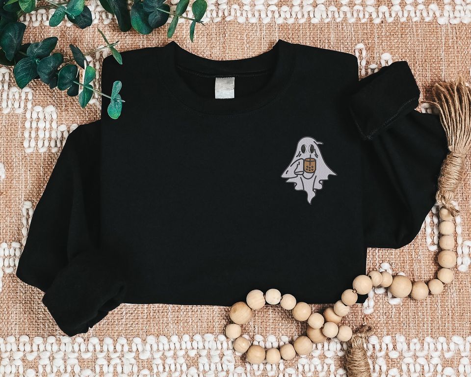 Halloween Ghost with Coffee Sweatshirt, Cute Ghost Embroidered Sweater