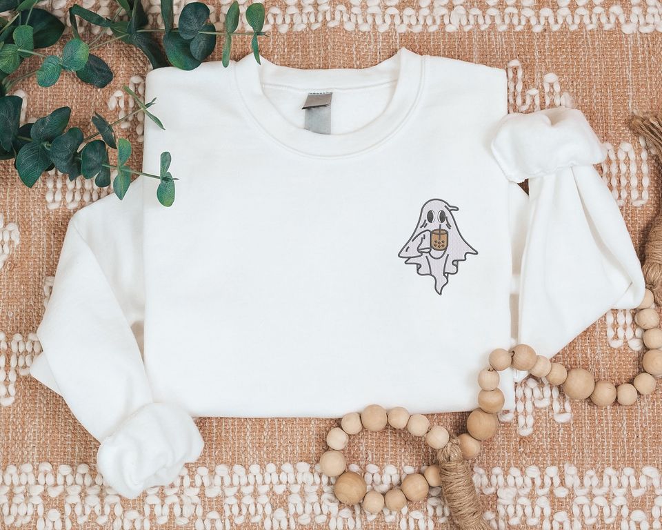 Halloween Ghost with Coffee Sweatshirt, Cute Ghost Embroidered Sweater