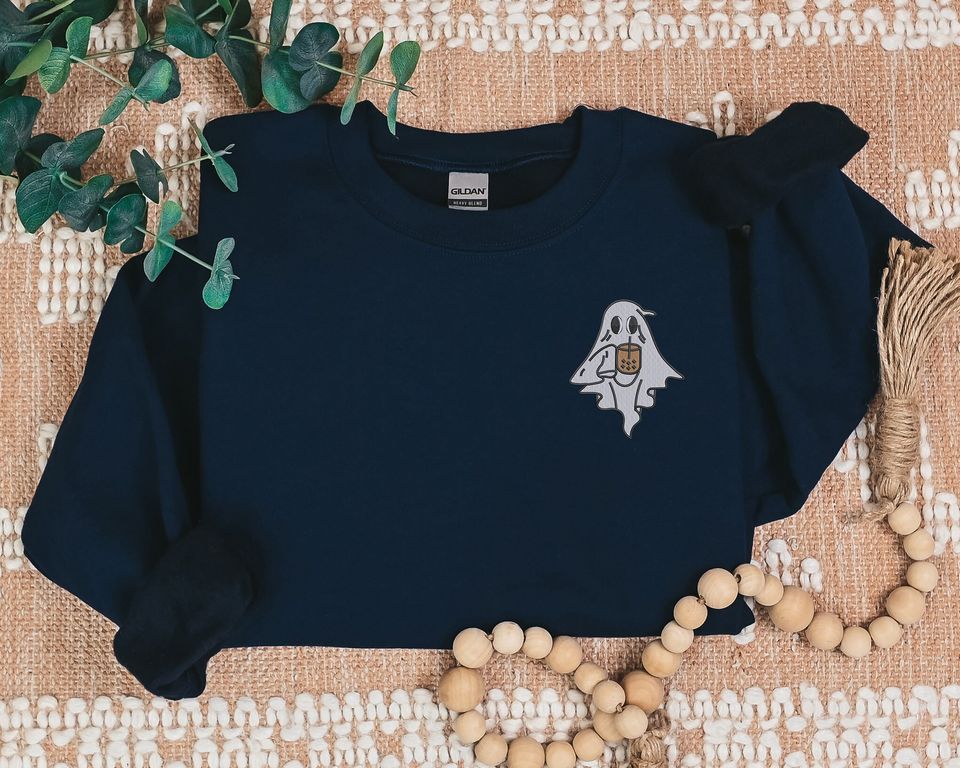 Halloween Ghost with Coffee Sweatshirt, Cute Ghost Embroidered Sweater