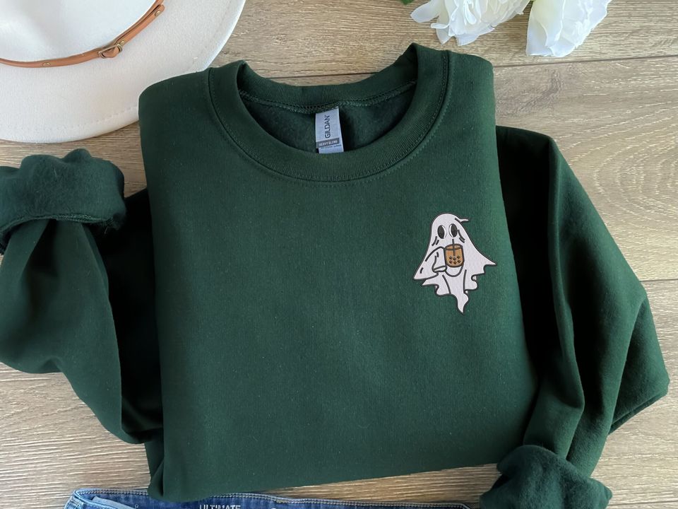 Halloween Ghost with Coffee Sweatshirt, Cute Ghost Embroidered Sweater