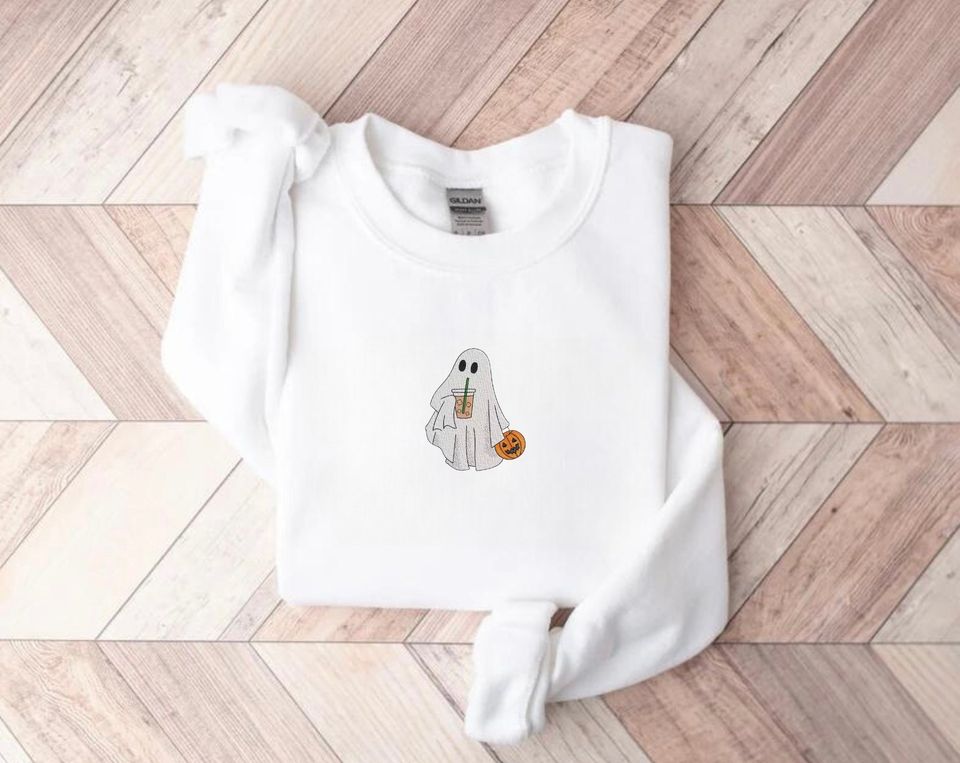 Ghost with Coffee Embroidered Sweatshirt, Halloween Embroidered Sweatshirt