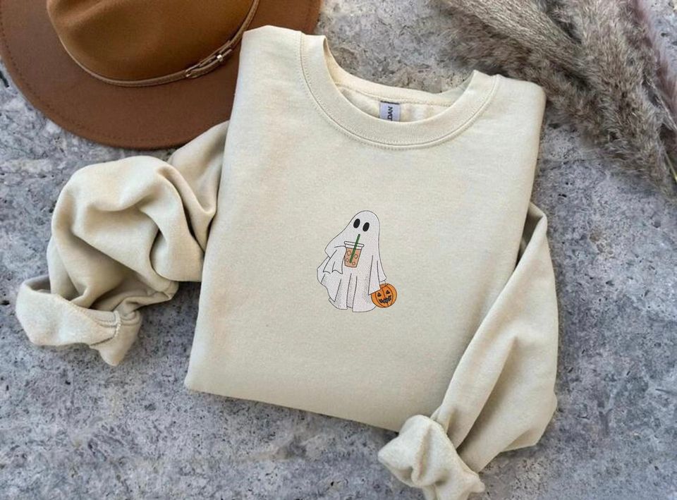Ghost with Coffee Embroidered Sweatshirt, Halloween Embroidered Sweatshirt