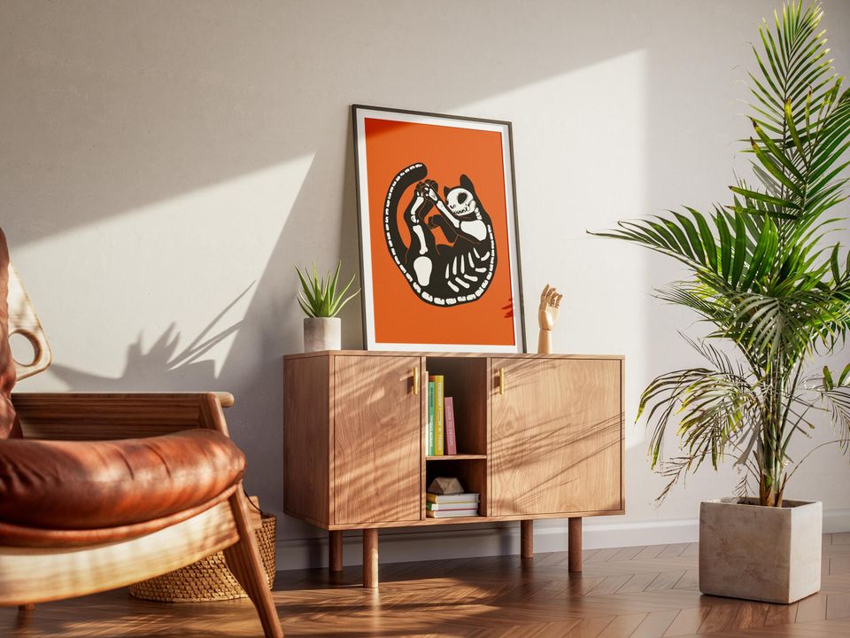 Halloween Cat Poster | Skeleton Cat Print | Whimsical Halloween Decor