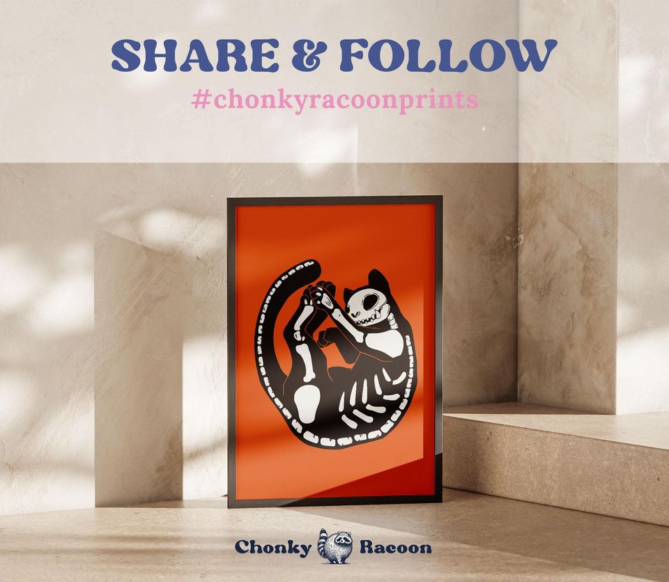 Halloween Cat Poster | Skeleton Cat Print | Whimsical Halloween Decor