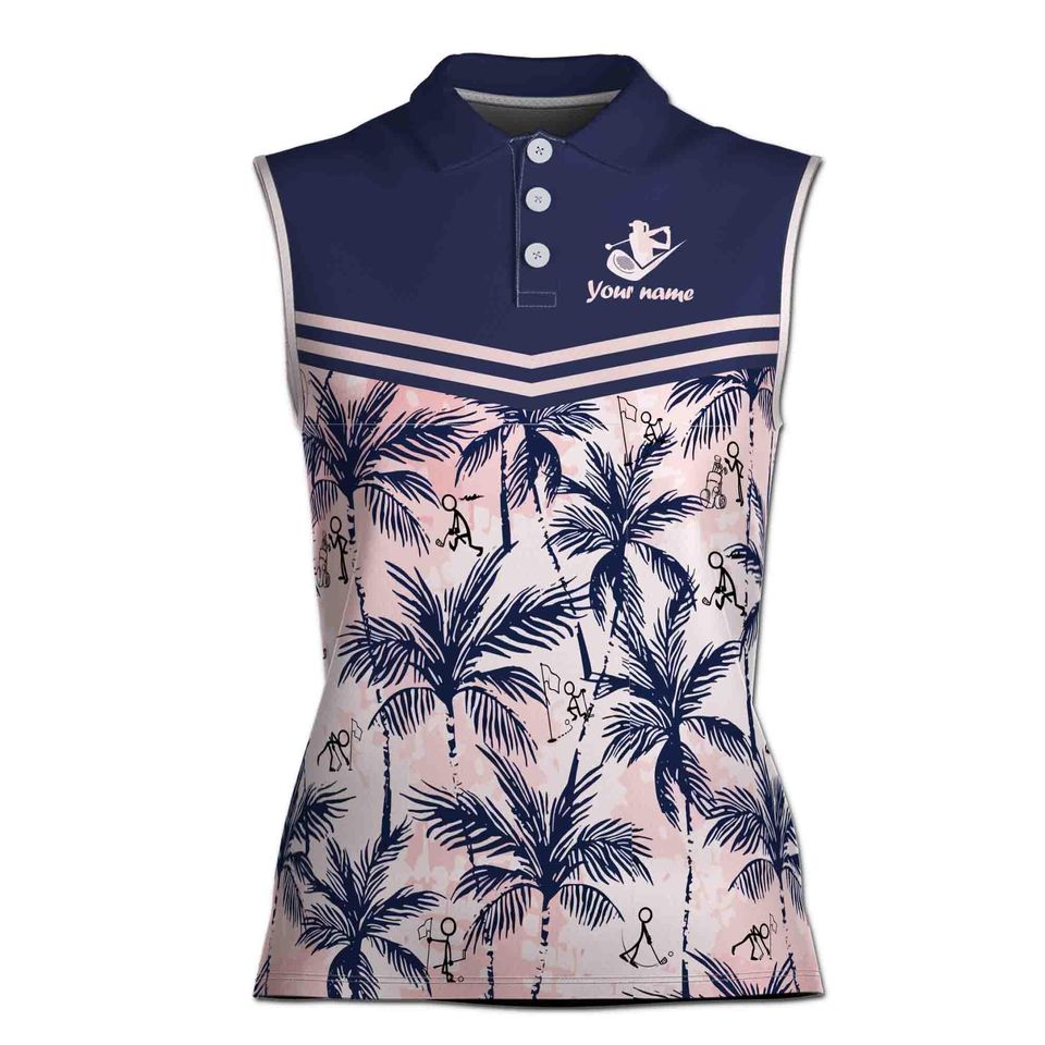 Custom Name Kiss My Putt Women Golf Shirt, Funny Golf Stick Palm Tree 3D Women Sleeveless Polo