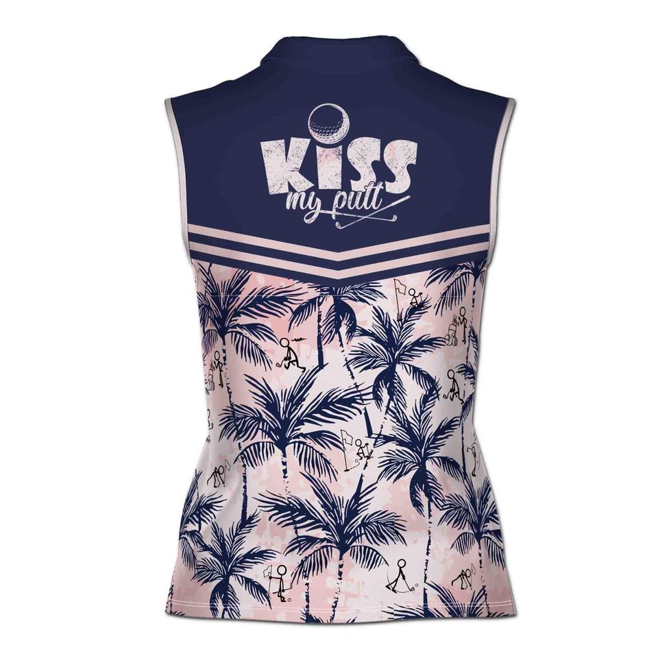Custom Name Kiss My Putt Women Golf Shirt, Funny Golf Stick Palm Tree 3D Women Sleeveless Polo