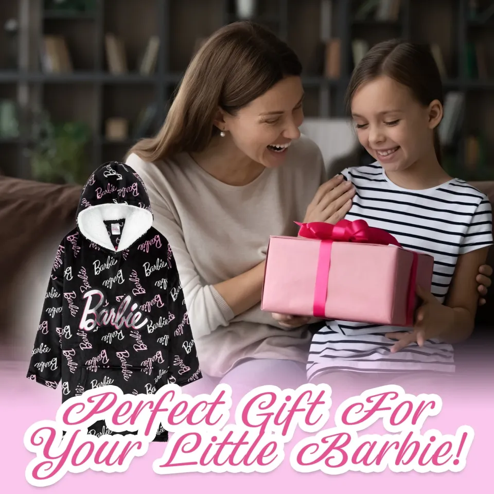 Barbie Girls Oversized Blanket Hoodie, Black Sherpa Fleece Hooded Snuggle Poncho