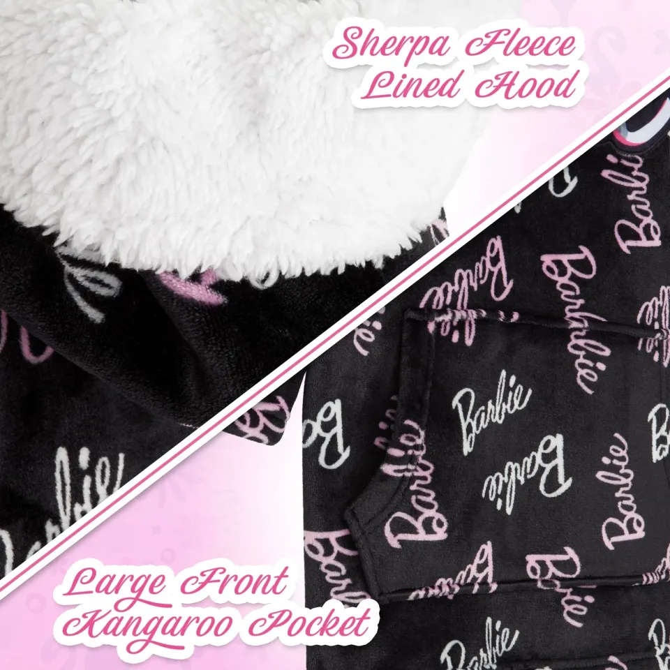 Barbie Girls Oversized Blanket Hoodie, Black Sherpa Fleece Hooded Snuggle Poncho