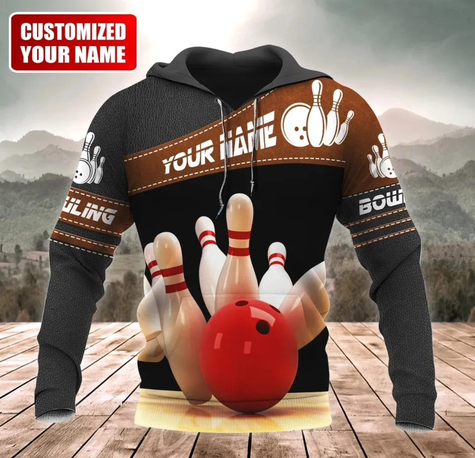 3D Sublimation Strike Bowling On Hoodie, Custom Unisex Bowling Shirt Black Leath