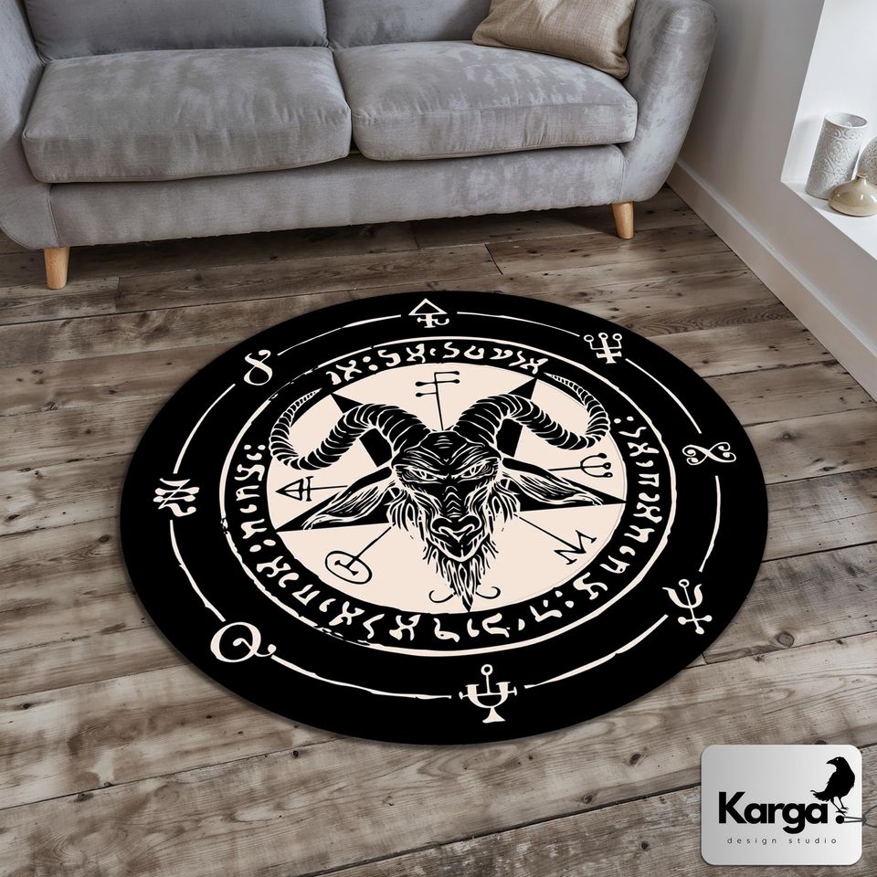 Evil Goat Round Rug, Magic Circle Mat, Satan Ritual Carpet, Witchy Gothic Decor, Star of David Pentacle Rug, Black and White Rug, Devil Rug