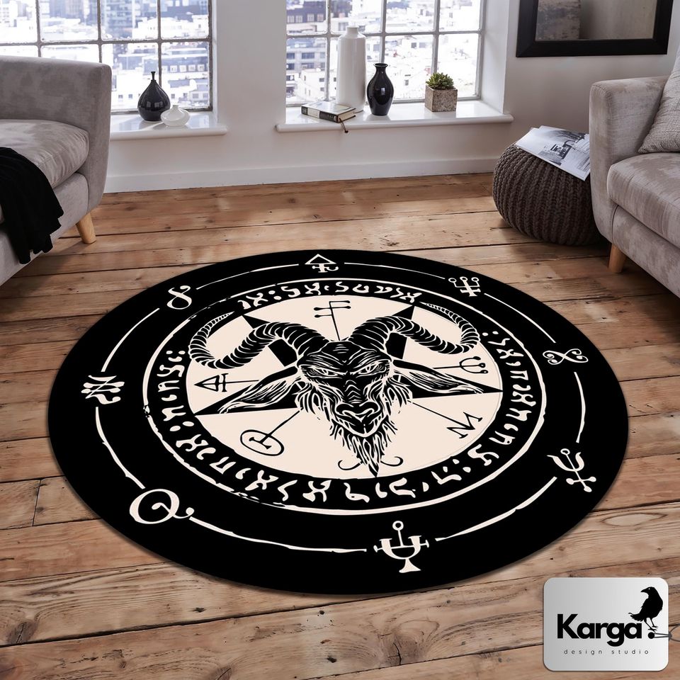 Evil Goat Round Rug, Magic Circle Mat, Satan Ritual Carpet, Witchy Gothic Decor, Star of David Pentacle Rug, Black and White Rug, Devil Rug