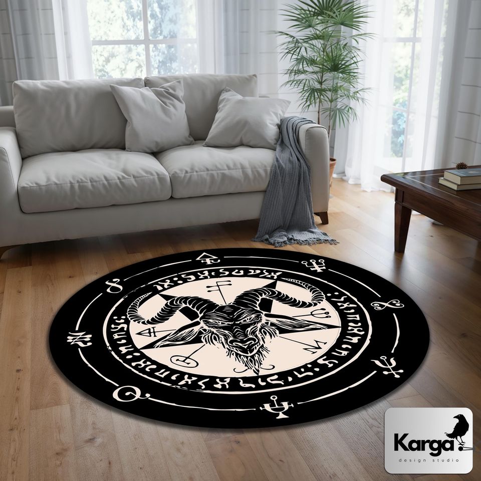 Evil Goat Round Rug, Magic Circle Mat, Satan Ritual Carpet, Witchy Gothic Decor, Star of David Pentacle Rug, Black and White Rug, Devil Rug