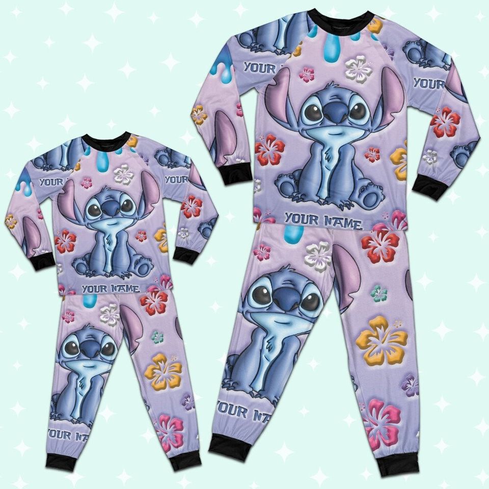 Custom Disney Lilo and Stitch Inflated Colorfull Pajamas, Custom Kid Youth Adult Pajamas, Pajamas Birthday Gift, Disney Vacation