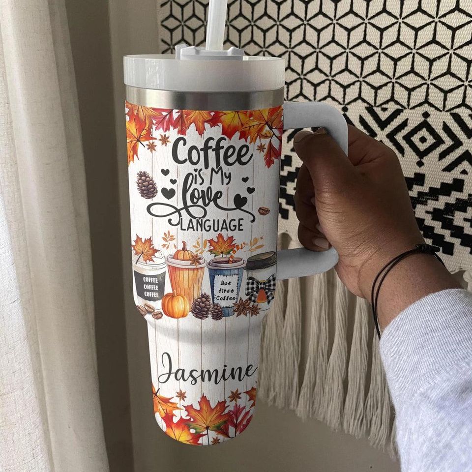 Coffee is My Love Langue Halloween 40oz Tumbler, 40oz Tumbler with Lid and Straw, Cute Ghost, Pumpkins Halloween 40oz, Halloween Mug Gift