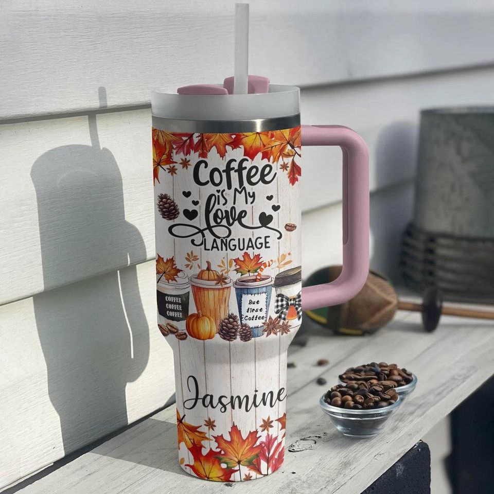 Coffee is My Love Langue Halloween 40oz Tumbler, 40oz Tumbler with Lid and Straw, Cute Ghost, Pumpkins Halloween 40oz, Halloween Mug Gift