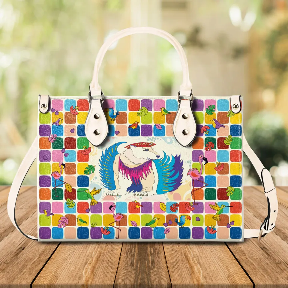 Elegant Woman Handbag  Leather Bag Colorful Surreal White Bear Best