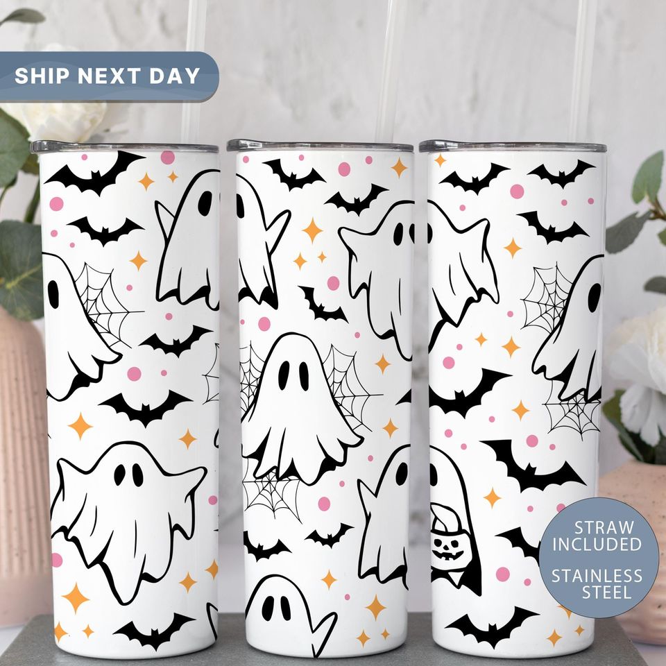 Halloween Ghosts & Bats Tumbler, Insulated Cup Keeps Drinks Hot or Cold, (TM-548)