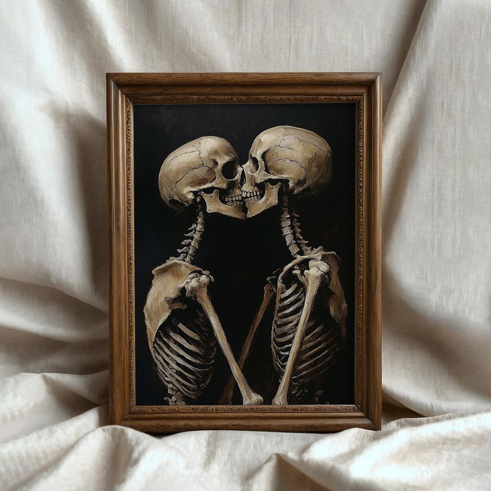 Vintage Skeleton Couple Kissing Painting, Spooky Halloween Print, Dark Academia Valentine Printable Wall Art