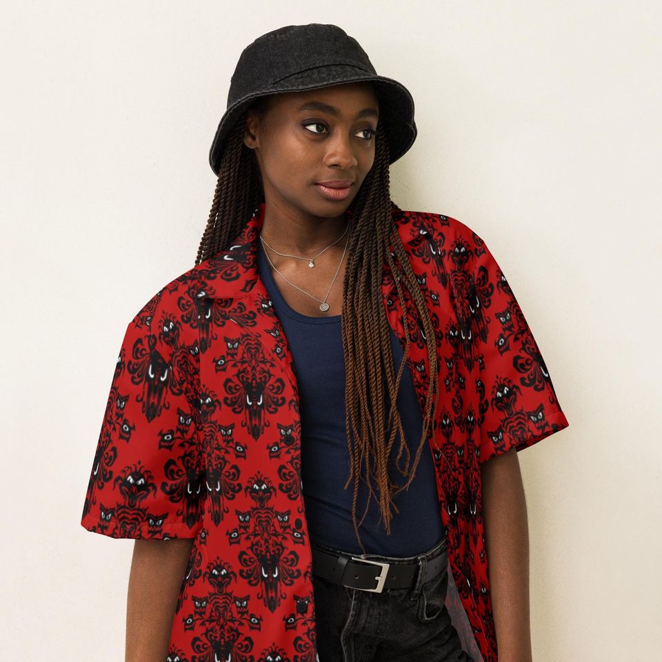Red Haunted Mansion Style Pattern Button Up Shirt